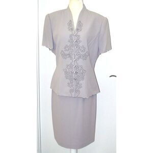 Donna Morgan Women’s Two Piece Skirt Suit Size 12 Gray Embroidered Beaded Lined